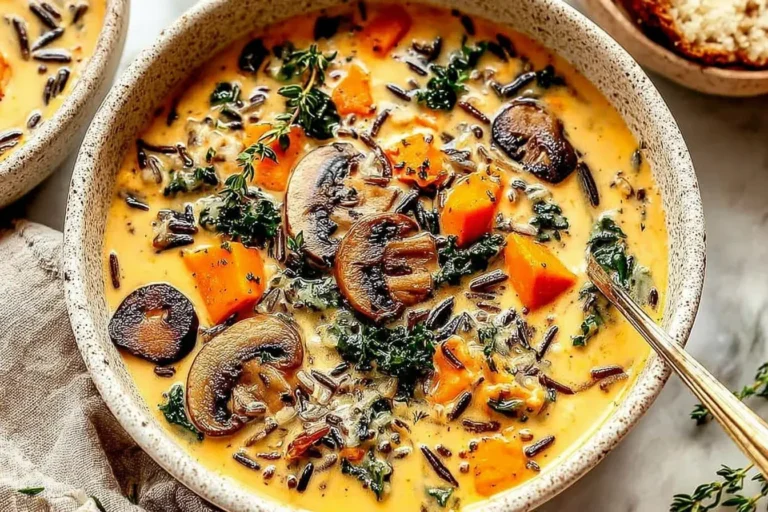 Autumn Wild Rice Soup with mushrooms, carrots, kale, and herbs in a creamy broth served in a rustic bowl.