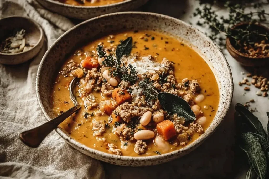Turkey Pumpkin White Bean Chili in a bowl with fresh herbs and vegetables, perfect for cozy fall evenings.