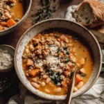 Turkey Pumpkin White Bean Chili served in a rustic bowl with fresh herbs and bread on the side.