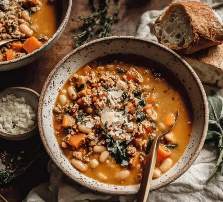 Turkey Pumpkin White Bean Chili served in a rustic bowl with fresh herbs and bread on the side.
