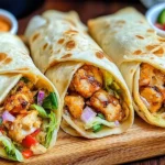 Three Firecracker Chicken Wraps stuffed with grilled chicken, lettuce, peppers, and onions served on a wooden board with dipping sauces.