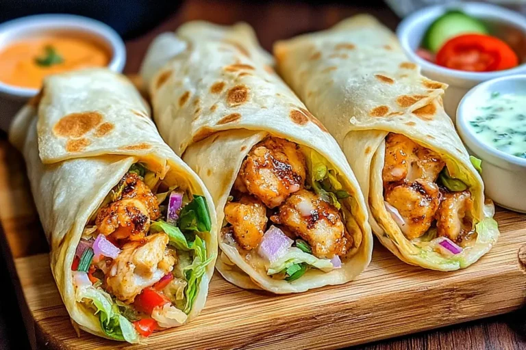 Three Firecracker Chicken Wraps stuffed with grilled chicken, lettuce, peppers, and onions served on a wooden board with dipping sauces.
