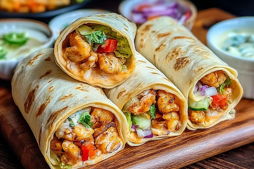 Close-up of spicy Firecracker Chicken Wraps filled with grilled chicken, fresh veggies, and creamy sauce on a wooden board.