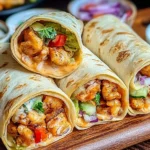 Close-up of spicy Firecracker Chicken Wraps filled with grilled chicken, fresh veggies, and creamy sauce on a wooden board.