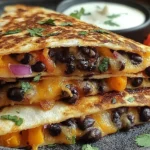 Crispy Black Bean Quesadillas with melted cheese, black beans, and fresh cilantro, served with pico de gallo and sour cream.