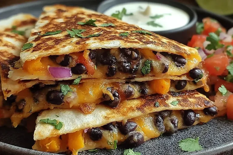 Crispy Black Bean Quesadillas with melted cheese, black beans, and fresh cilantro, served with pico de gallo and sour cream.