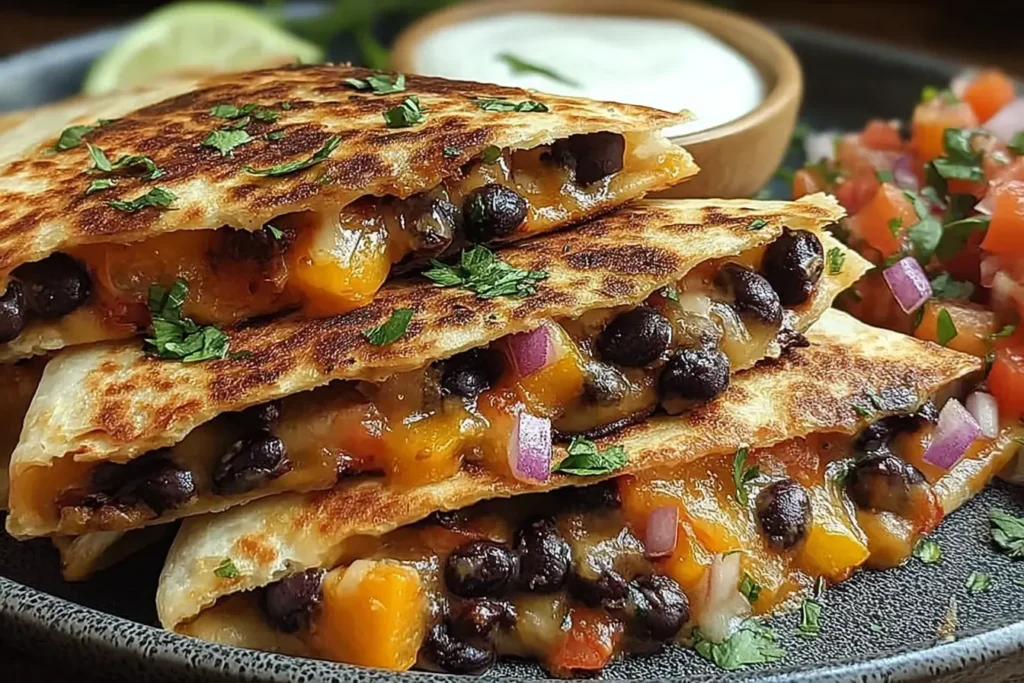 Close-up of Crispy Black Bean Quesadillas with melted cheese, black beans, and fresh cilantro, served with pico de gallo and sour cream.
