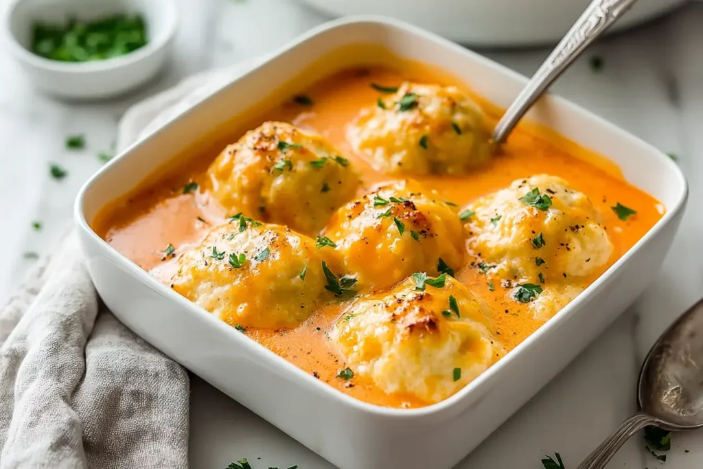 Tomato Soup with Cheddar Bay Dumplings served in a white baking dish, garnished with parsley.