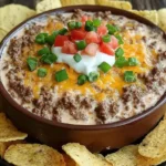 Creamy Meaty Texas Trash Dip topped with ground beef, shredded cheese, sour cream, diced tomatoes, and green onions, surrounded by tortilla chips.