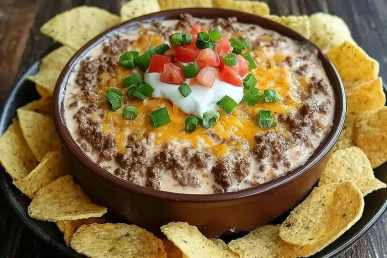 Creamy Meaty Texas Trash Dip topped with ground beef, shredded cheese, sour cream, diced tomatoes, and green onions, surrounded by tortilla chips.