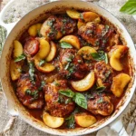 Honey Butter Peach Chicken served with tender chicken thighs, caramelized peaches, and fresh basil in a rich sauce.