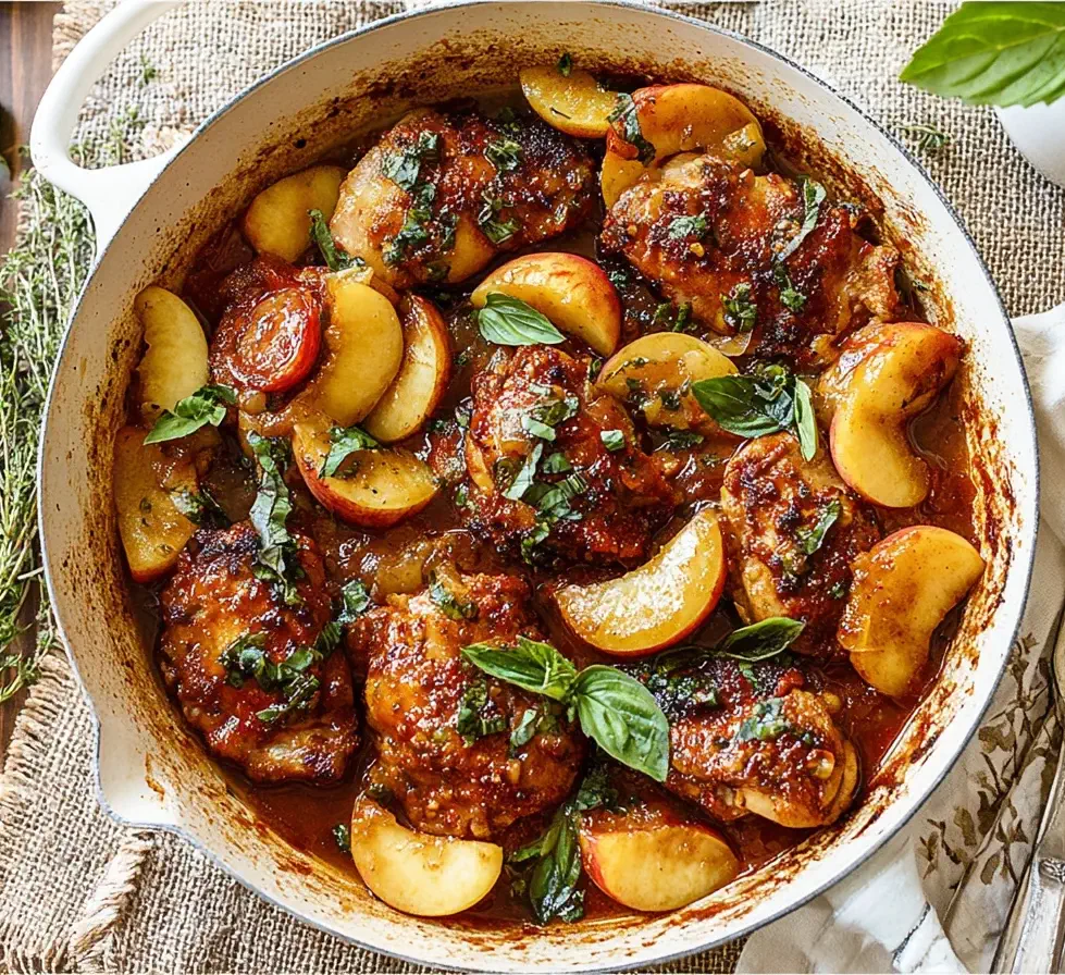Honey Butter Peach Chicken served with tender chicken thighs, caramelized peaches, and fresh basil in a rich sauce.
