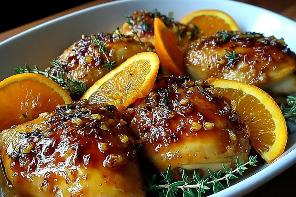 Sweet and Savory Roasted Orange Chicken with caramelized glaze, fresh thyme, and orange slices in a white serving dish.