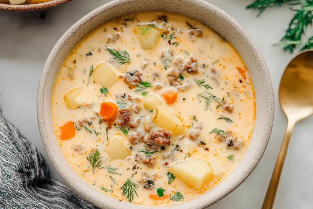 Creamy sausage potato soup with carrots, potatoes, and fresh herbs in a bowl
