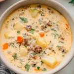 Creamy sausage potato soup with carrots, potatoes, and fresh herbs in a bowl