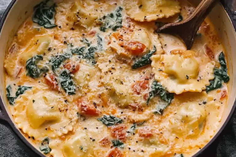 Creamy Tuscan Ravioli Soup with spinach, sun-dried tomatoes, and cheese ravioli in a rich Parmesan cream broth.