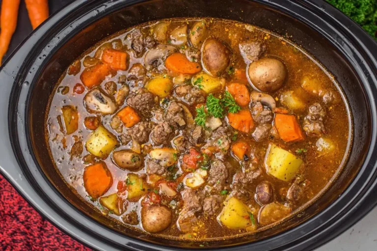 Witches Brew Stew in slow cooker with beef, vegetables, and broth.