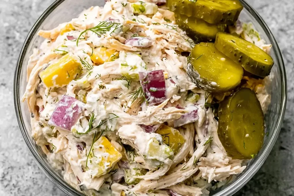 Close-up of Savory Dill Pickle Chicken Salad with cucumbers and dill.