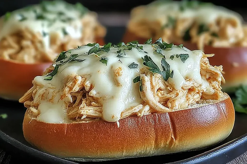 Open-faced Chicken Alfredo Sloppy Joes topped with melted cheese and fresh parsley on a toasted bun.