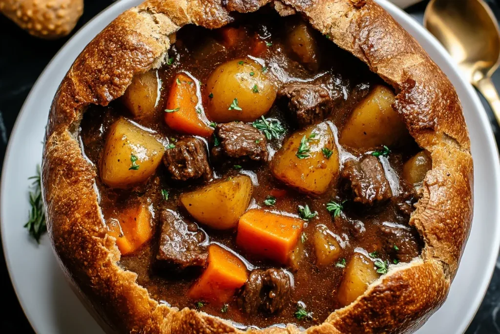 Witch’s Cauldron Beef Stew served in a rustic bread bowl with tender beef, carrots, and potatoes in a rich broth.