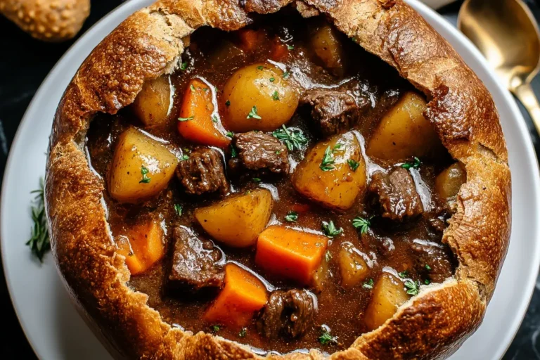 Witch’s Cauldron Beef Stew served in a rustic bread bowl with tender beef, carrots, and potatoes in a rich broth.