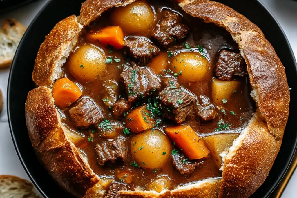 Witch’s Cauldron Beef Stew with tender beef, potatoes, and carrots served inside a crusty bread bowl.