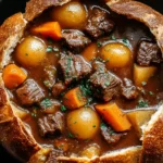 Witch’s Cauldron Beef Stew with tender beef, potatoes, and carrots served inside a crusty bread bowl.