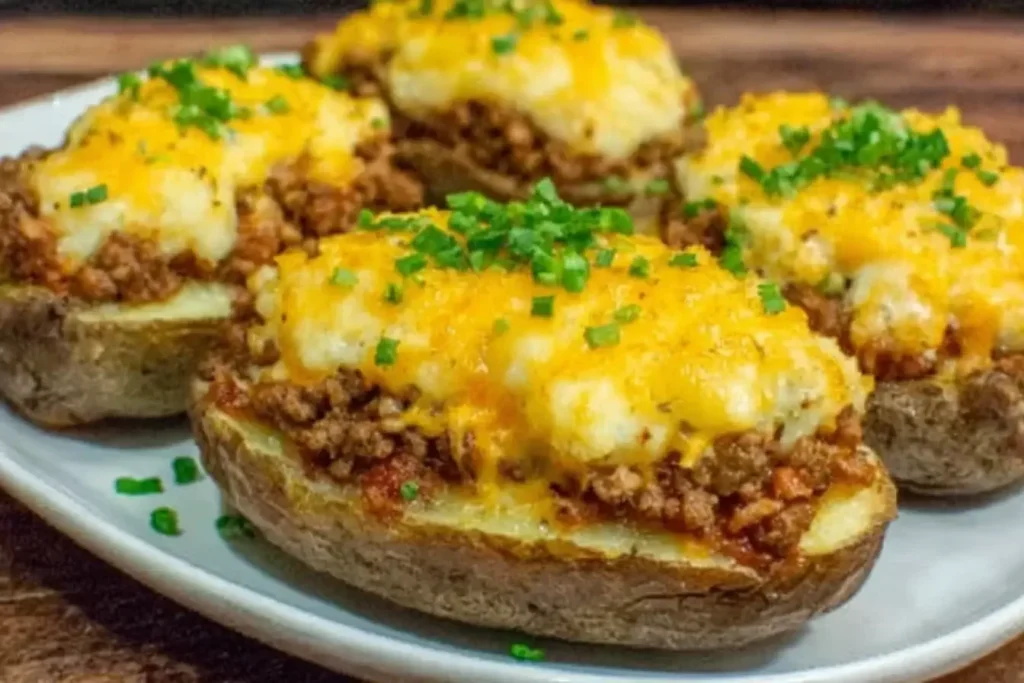 Shepherd’s Pie Baked Potatoes topped with cheesy mashed potatoes and savory ground beef filling.
