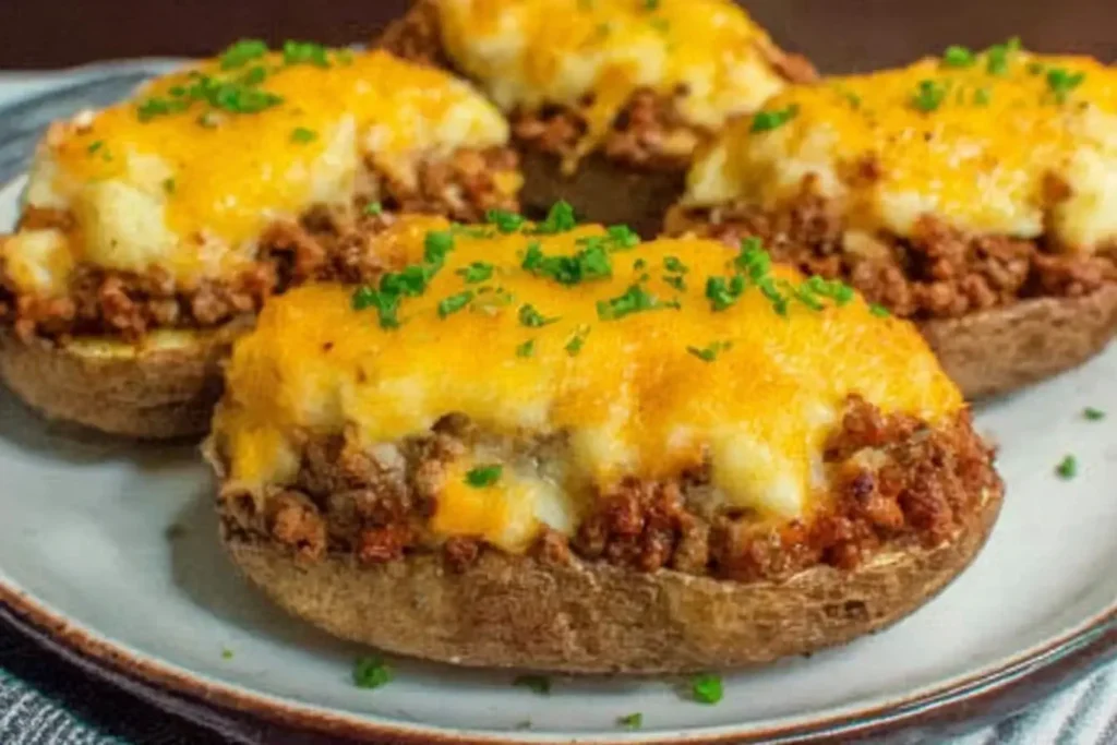 Shepherd’s Pie Baked Potatoes stuffed with ground beef, topped with creamy mashed potatoes and melted cheddar cheese.