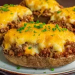 Shepherd’s Pie Baked Potatoes stuffed with ground beef, topped with creamy mashed potatoes and melted cheddar cheese.