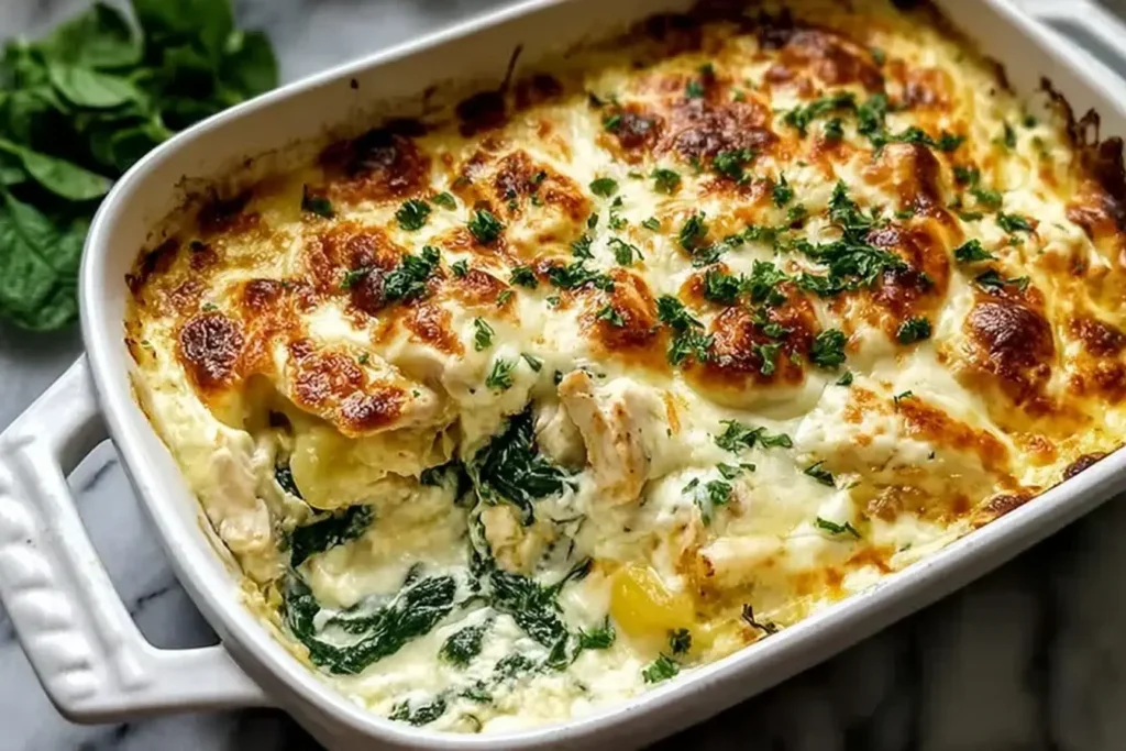 Creamy Chicken and Spinach Casserole baked golden with cheese and fresh spinach in a white dish.