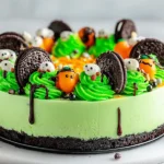 “Witch’s Cauldron Cheesecake decorated with Oreo cookies, candy ghosts, and green frosting for a spooky Halloween desser