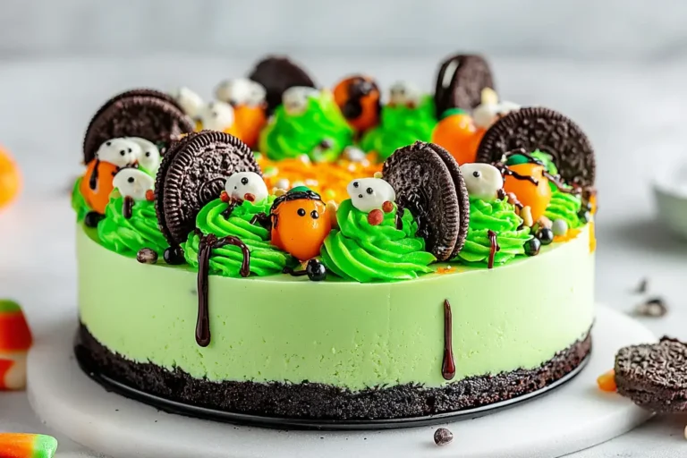 “Witch’s Cauldron Cheesecake decorated with Oreo cookies, candy ghosts, and green frosting for a spooky Halloween desser
