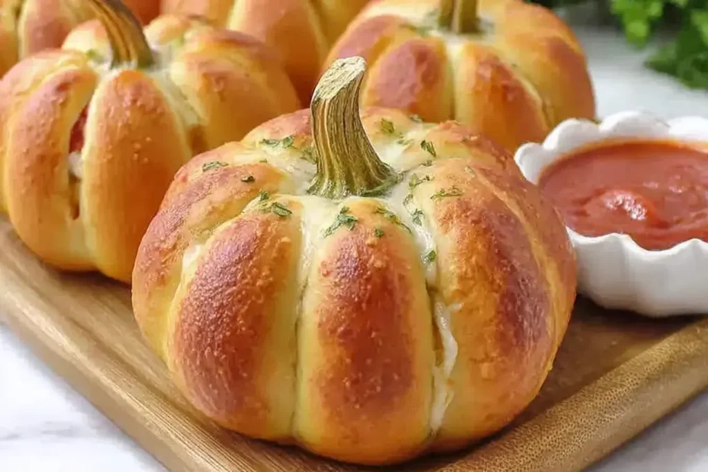 Golden-baked Pepperoni Pizza Pumpkins with marinara dipping sauce on a wooden board.