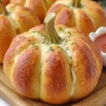Golden-baked Pepperoni Pizza Pumpkins with marinara dipping sauce on a wooden board.
