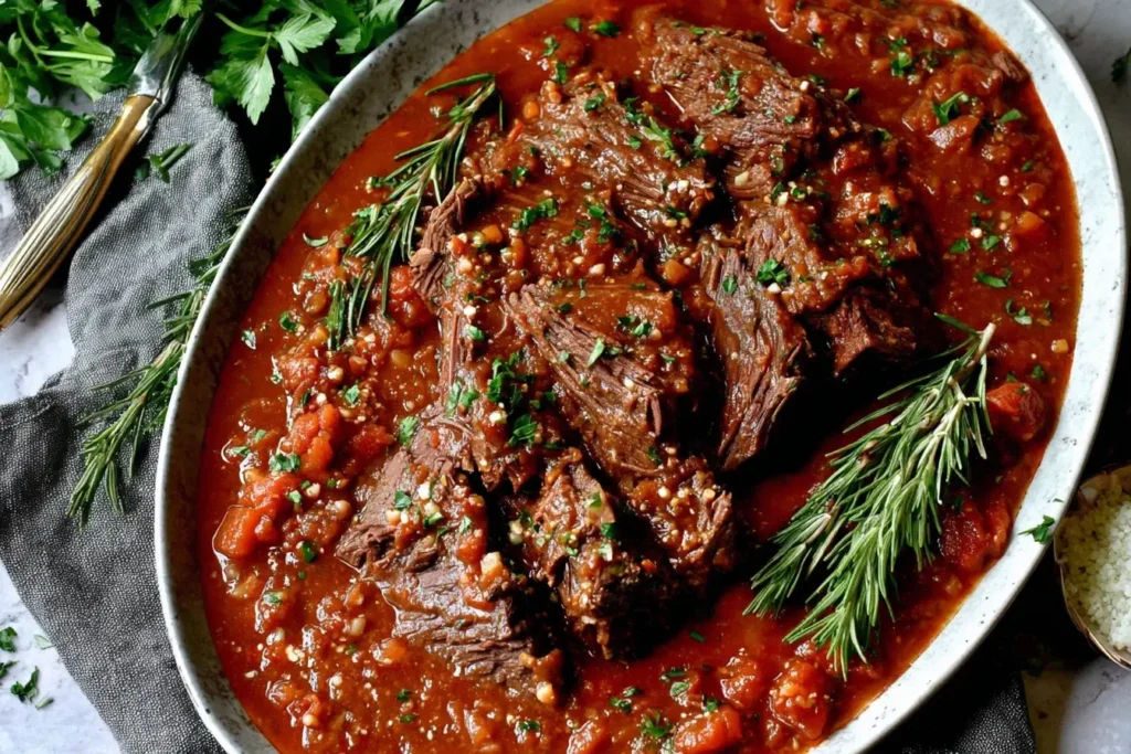 Italian Pot Roast simmered in rich tomato sauce with fresh rosemary