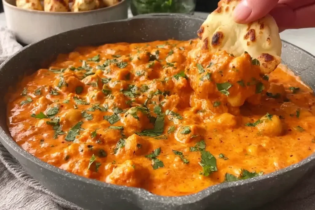 Indian Butter Chickpeas curry with naan dipped into creamy tomato sauce in a skillet