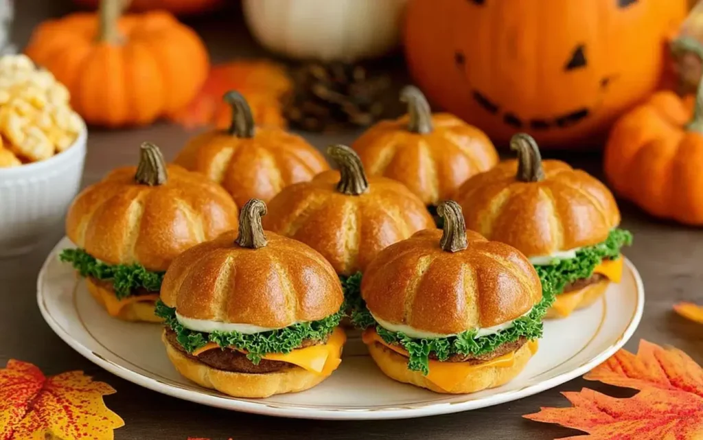 Pumpkin Shaped Sliders served on a festive fall platter with lettuce, cheddar cheese, and pretzel stems, styled like mini pumpkins.