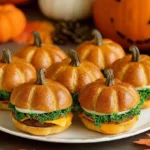 Pumpkin Shaped Sliders served on a festive fall platter with lettuce, cheddar cheese, and pretzel stems, styled like mini pumpkins.