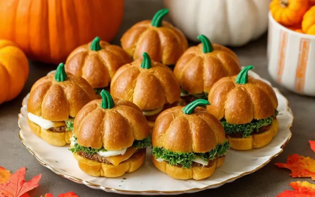 Pumpkin Shaped Sliders with green stems, cheddar cheese, lettuce, and soft pumpkin-style buns arranged on a fall-themed platter.