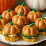 Pumpkin Shaped Sliders with green stems, cheddar cheese, lettuce, and soft pumpkin-style buns arranged on a fall-themed platter.
