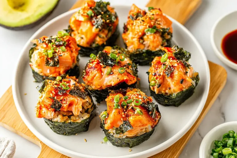 Baked Salmon Sushi Cups with spicy mayo, seaweed, and rice on a white plate