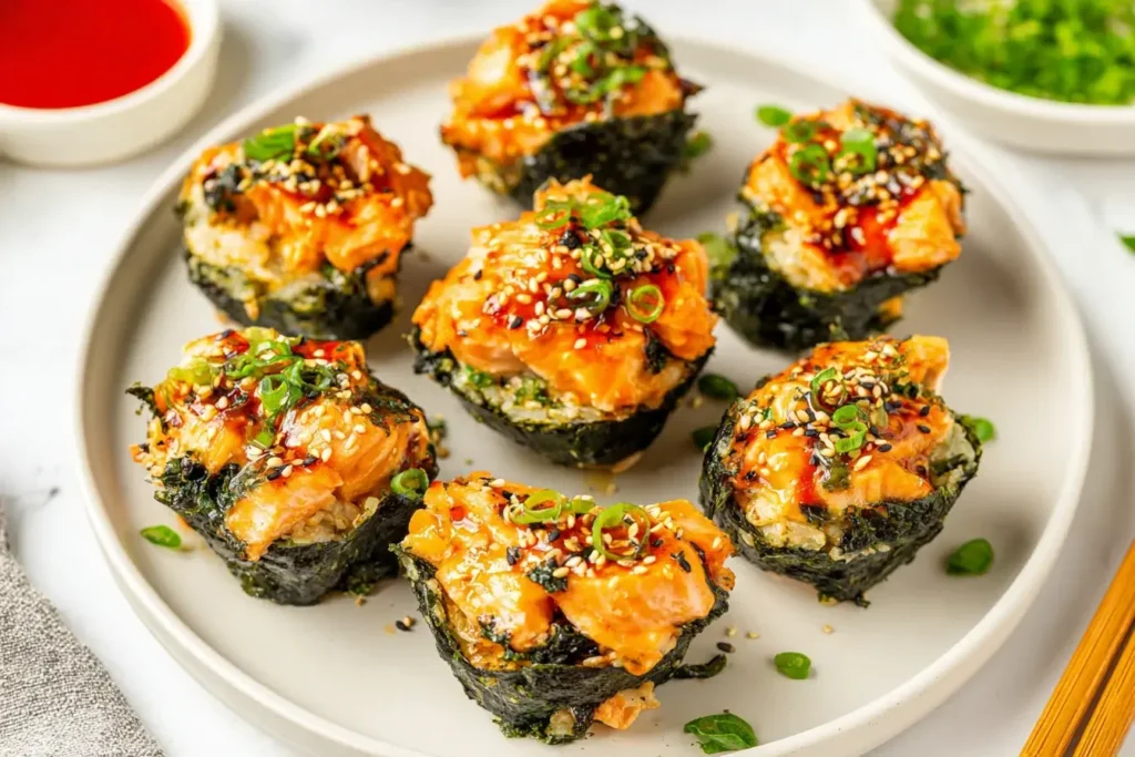 Close-up of Baked Salmon Sushi Cups topped with green onions, sesame seeds, and spicy mayo on a white plate