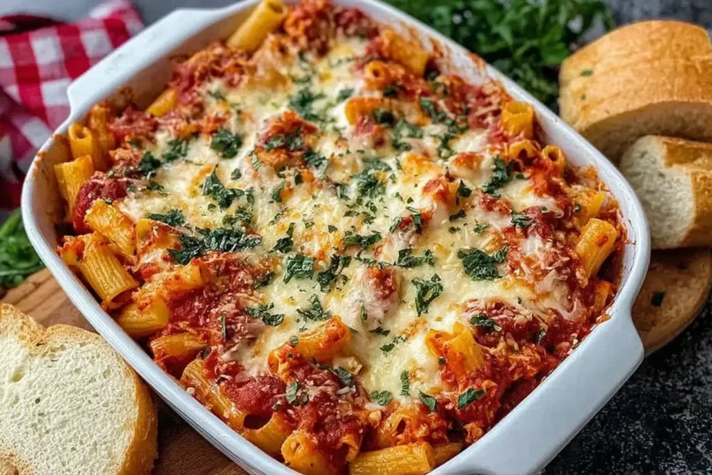 Dump and Bake Chicken Parmesan Casserole with rigatoni pasta, marinara, melted mozzarella, and fresh herbs in a white baking dish.