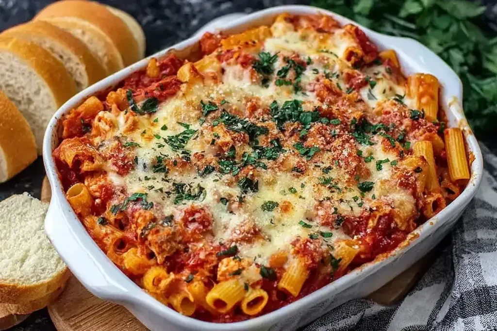 Dump and Bake Chicken Parmesan Casserole baked with melted mozzarella, marinara sauce, and pasta topped with herbs.