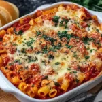Dump and Bake Chicken Parmesan Casserole baked with melted mozzarella, marinara sauce, and pasta topped with herbs.