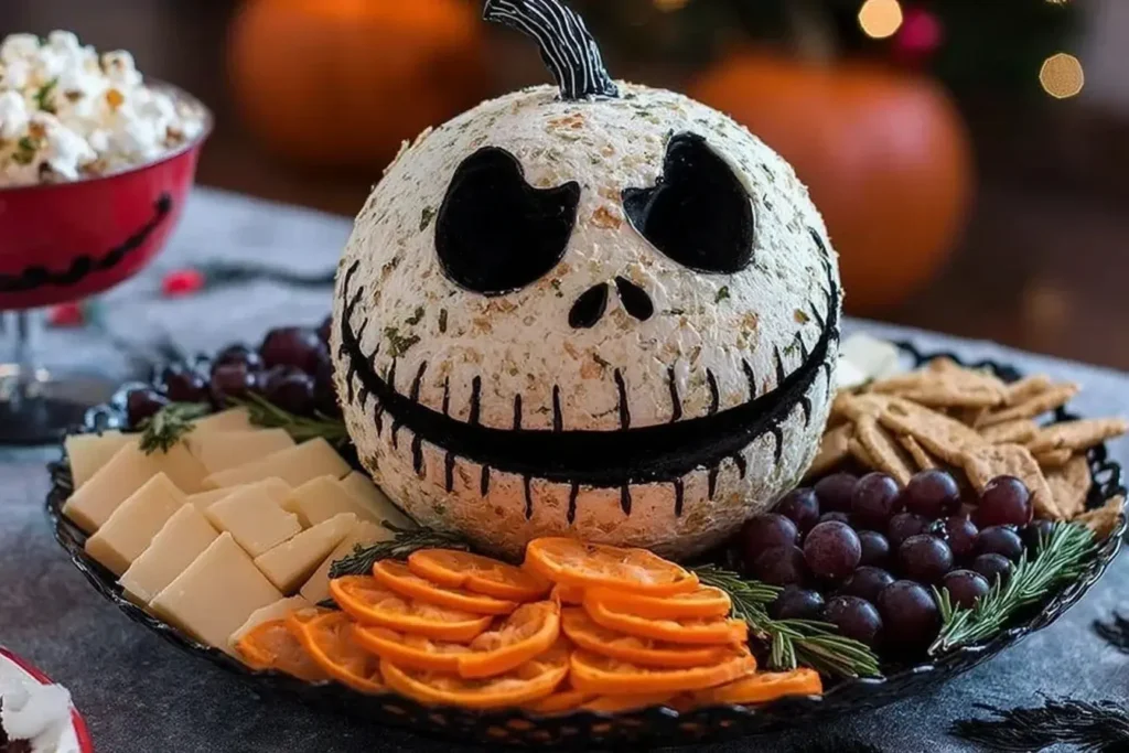 Spooky Skellington Cheese Ball Appetizer decorated with black olives for a Jack Skellington face, served with crackers, cheese, grapes, and veggies.