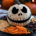 Spooky Skellington Cheese Ball Appetizer decorated with black olives for a Jack Skellington face, served with crackers, cheese, grapes, and veggies.