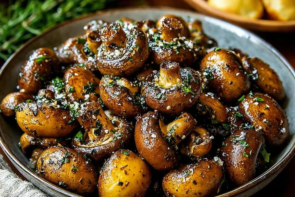 Cowboy Mushrooms with garlic, herbs, and parmesan in a rustic bowl