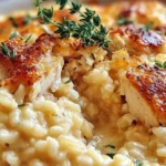 Angel Chicken Casserole with creamy rice and golden seared chicken, topped with fresh herbs.